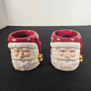 Designer Michael Sparks Ceramic Pair of Santa Claus Face Votive Candle Holders